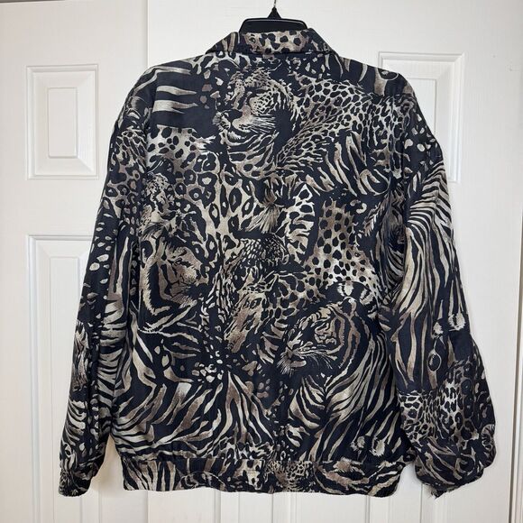 Vintage 80s Silk Tiger Leopard Animal Print All Over Bomber Jacket Medium - Picture 7 of 9